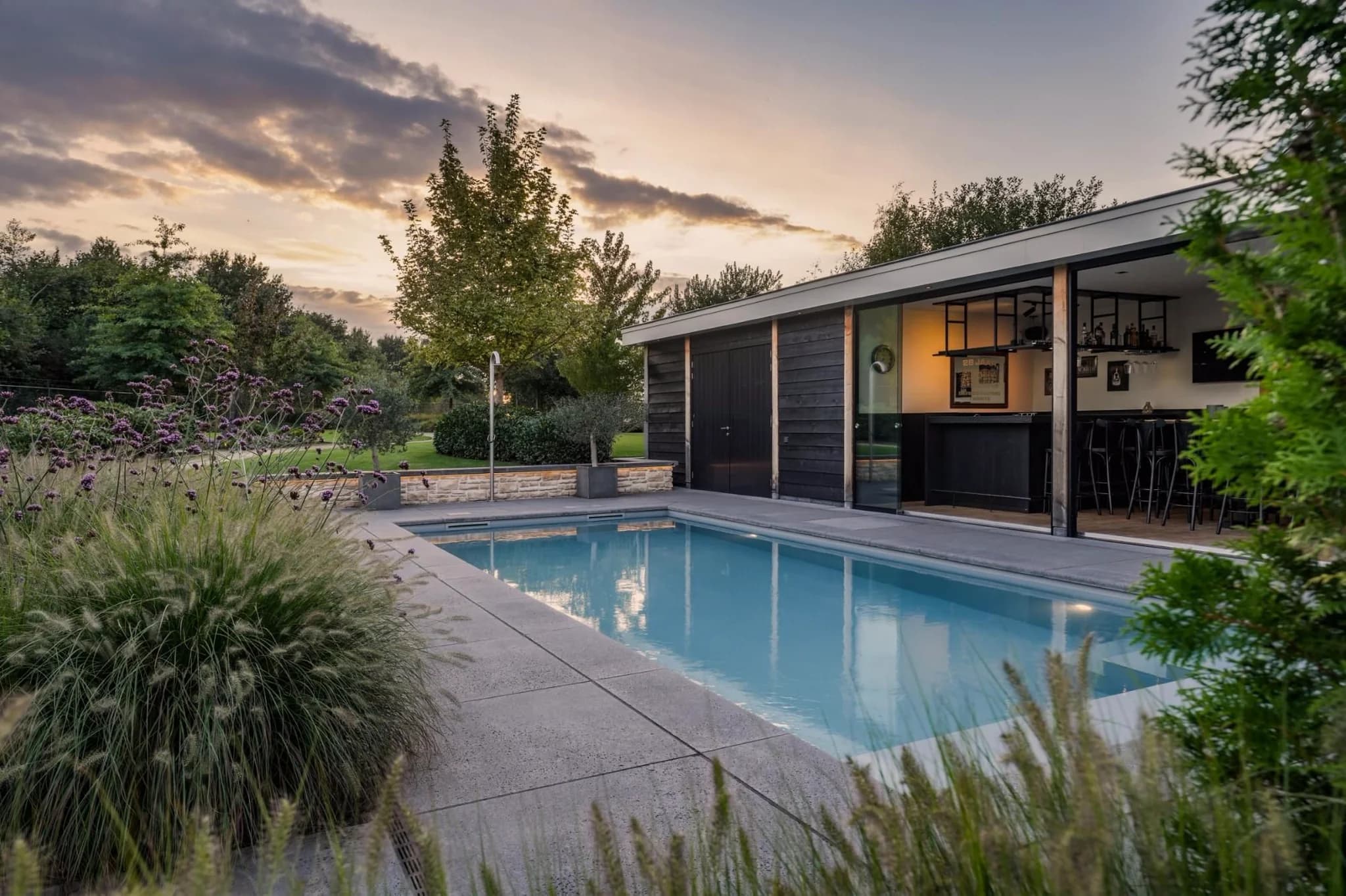 Rechthoekig buitenzwembad met blauw water, modern poolhouse met open bar rechts, siergrassen en bloemen op de voorgrond en bomen onder een avondlucht
