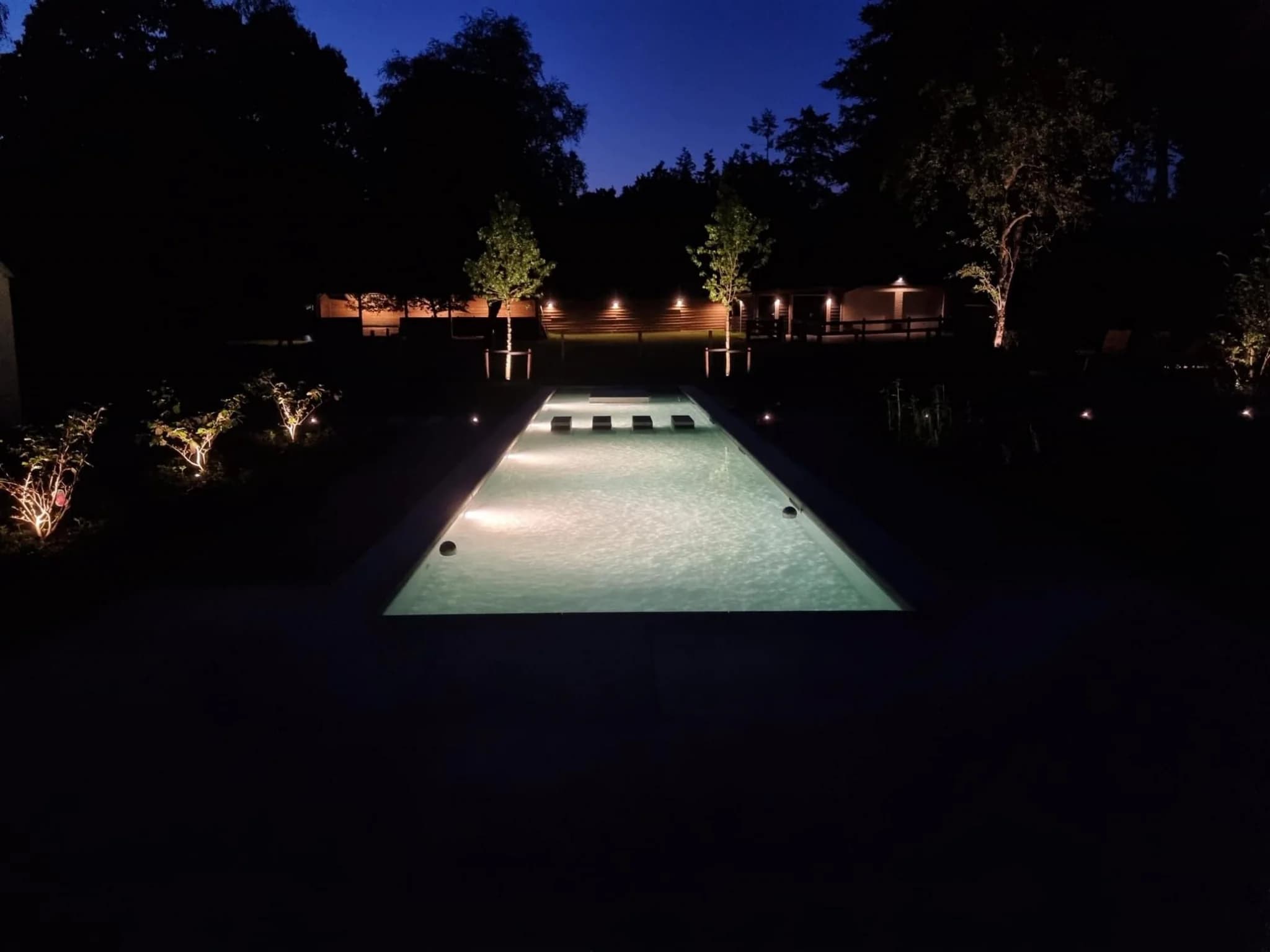 Rechthoekig zwembad met lichtgevende wateroppervlakte en omliggende tuin met verlichte bomen en paden bij avond